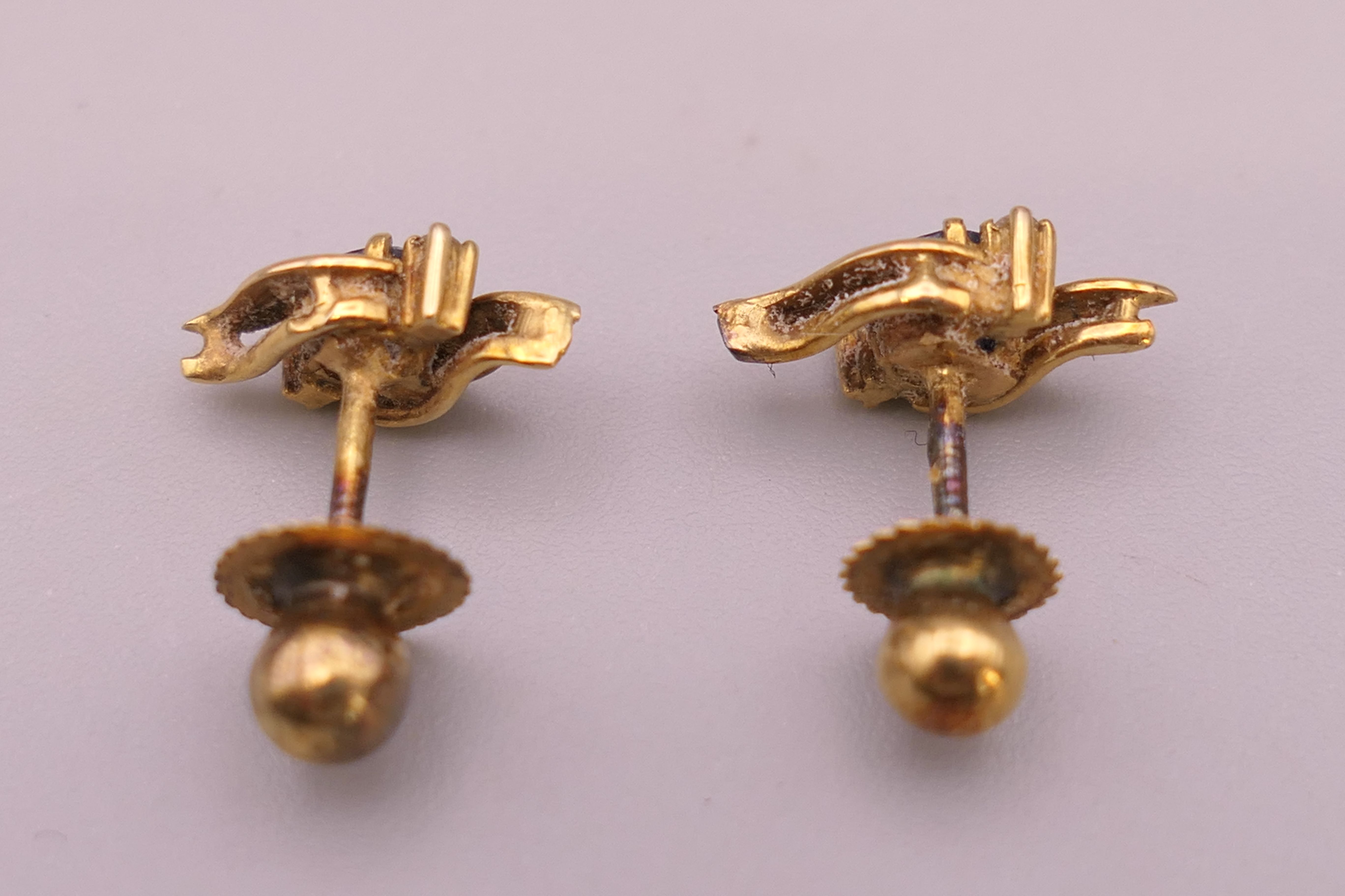 A pair of gold sapphire and diamond earrings. 1 cm high. - Image 4 of 4