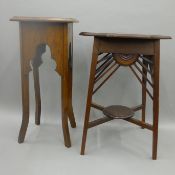 A walnut Arts and Crafts side table and an oak jardiniere stand. The former 62 cm high.