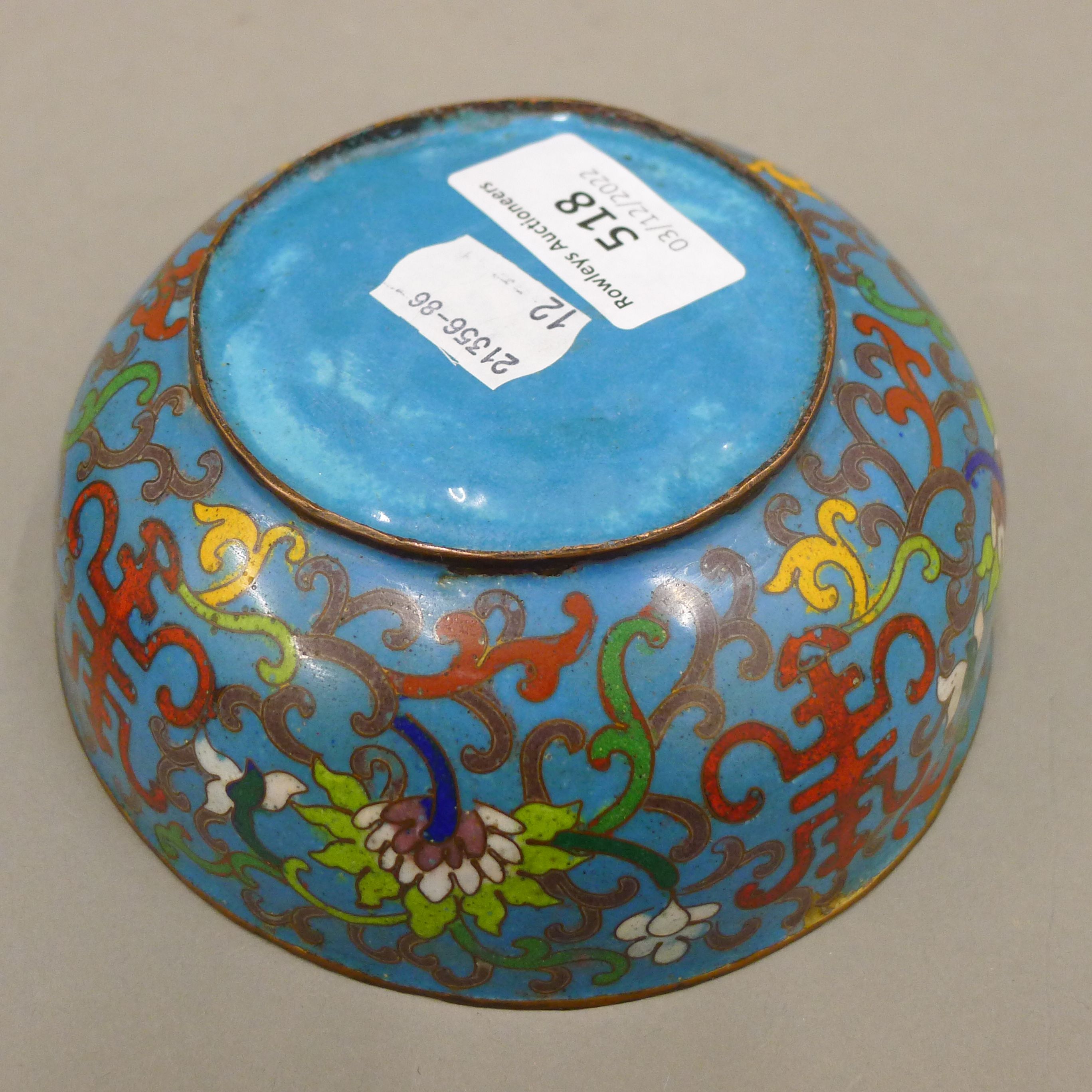 A 19th century Chinese blue ground bun shaped cloisonne box and cover, decorated with symbols, - Image 6 of 6