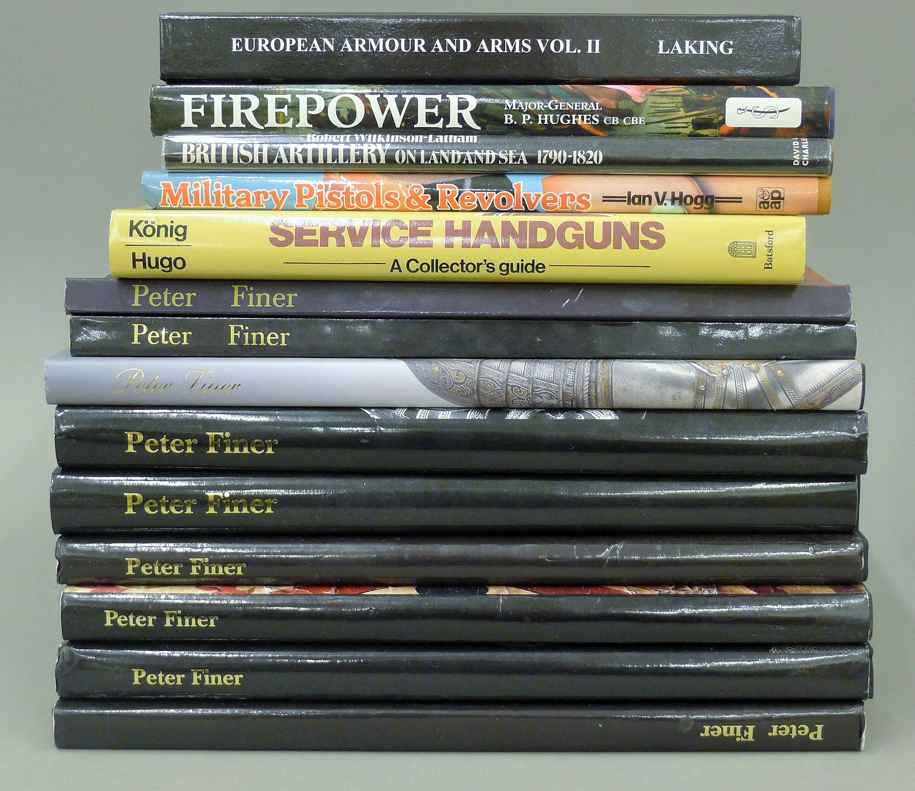 Nine Arms and Armour catalogues by Peter Finer, together with other arms books.