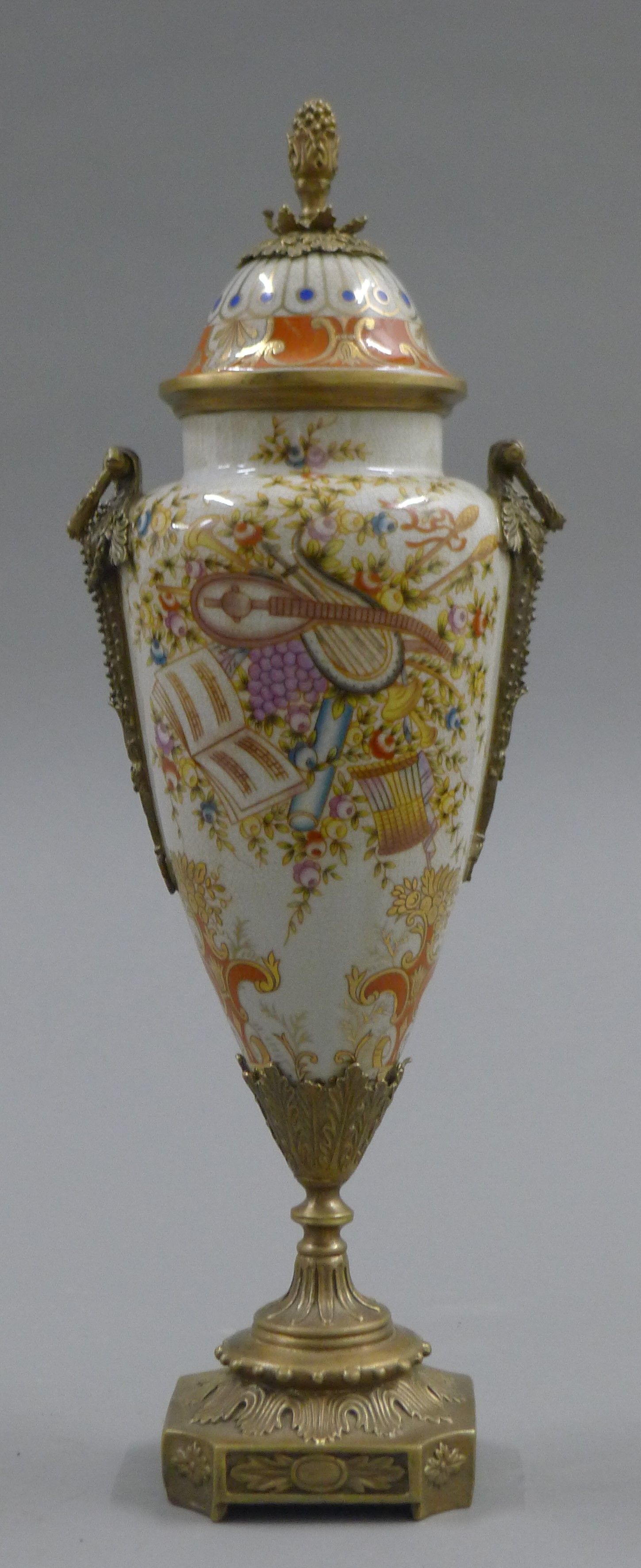 A pair of metal mounted porcelain lidded vases. 37 cm high. - Image 3 of 8