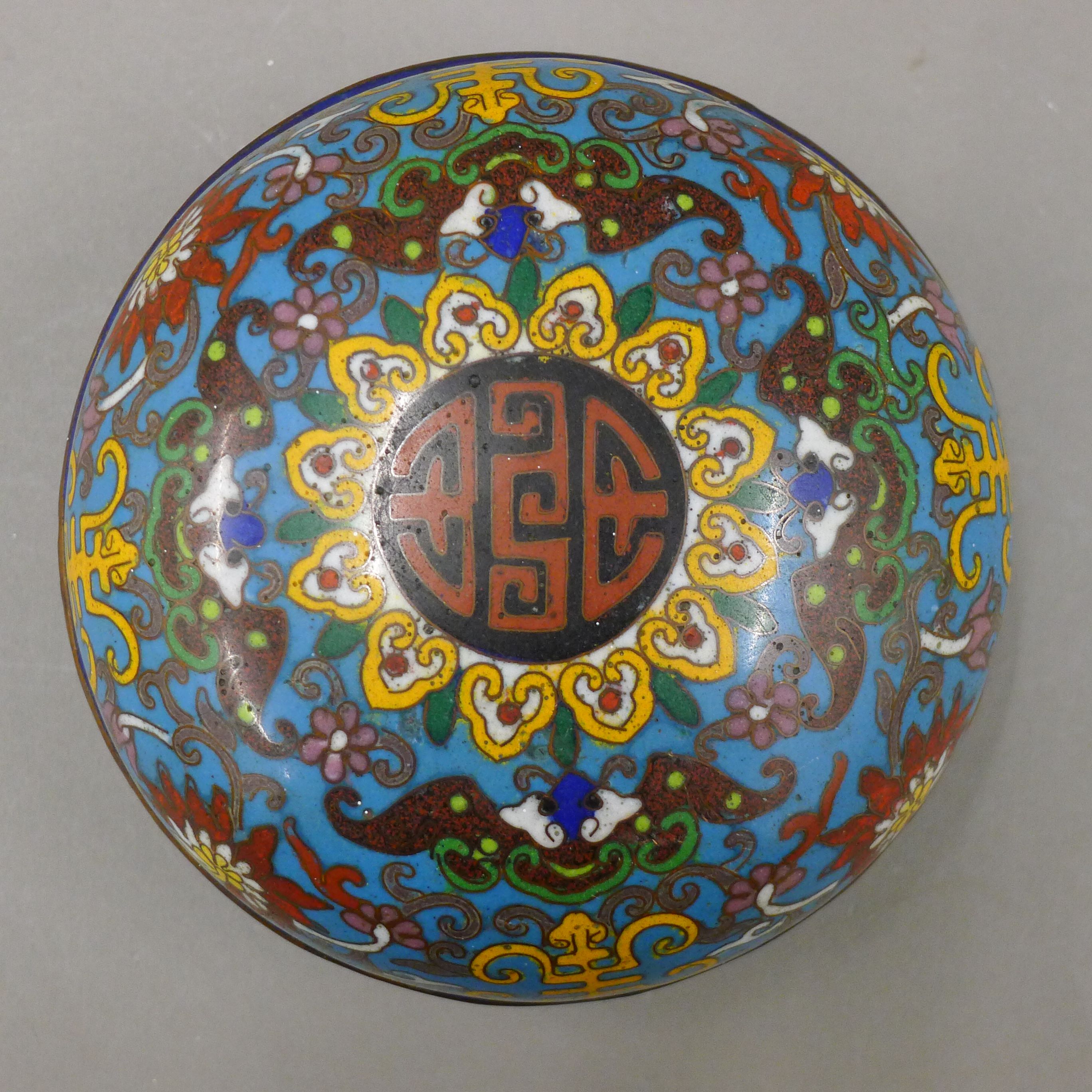 A 19th century Chinese blue ground bun shaped cloisonne box and cover, decorated with symbols, - Image 3 of 6