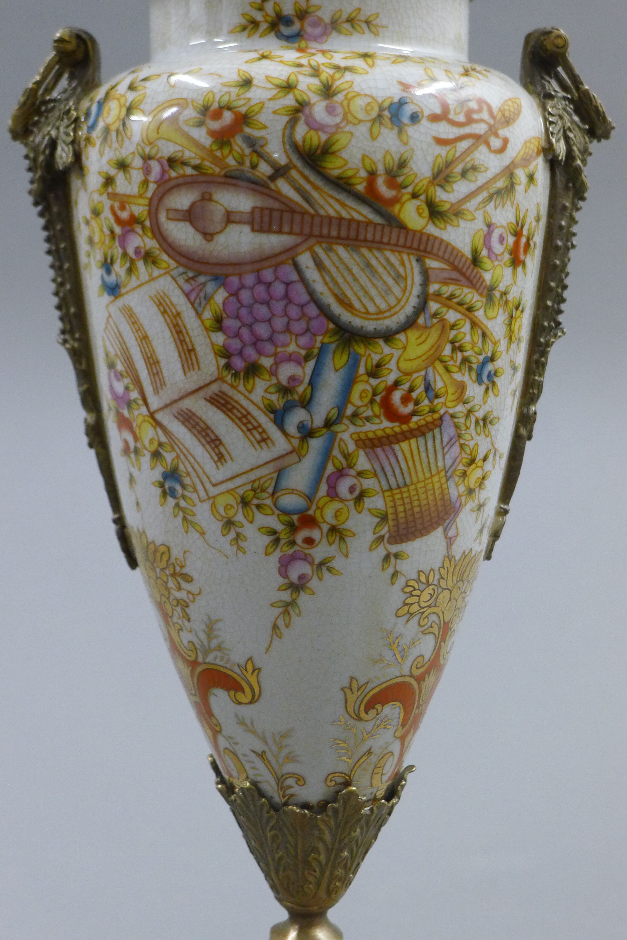 A pair of metal mounted porcelain lidded vases. 37 cm high. - Image 5 of 8