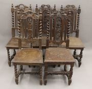 Five various carved oak barley twist chairs.