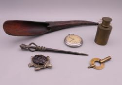 A quantity of various items including a turtle form vesta, a chip carved horn scoop, etc.