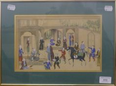 A 19th century Persian Interior Scene, framed and glazed. 27.5 x 17.5 cm.