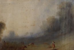 19TH CENTURY SCHOOL, A Girl and Cattle in a Field, watercolour, indistinctly signed,