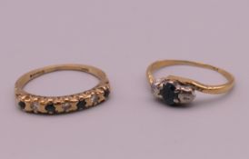 Two 9 ct gold, diamond and sapphire rings. 3.2 grammes total weight.