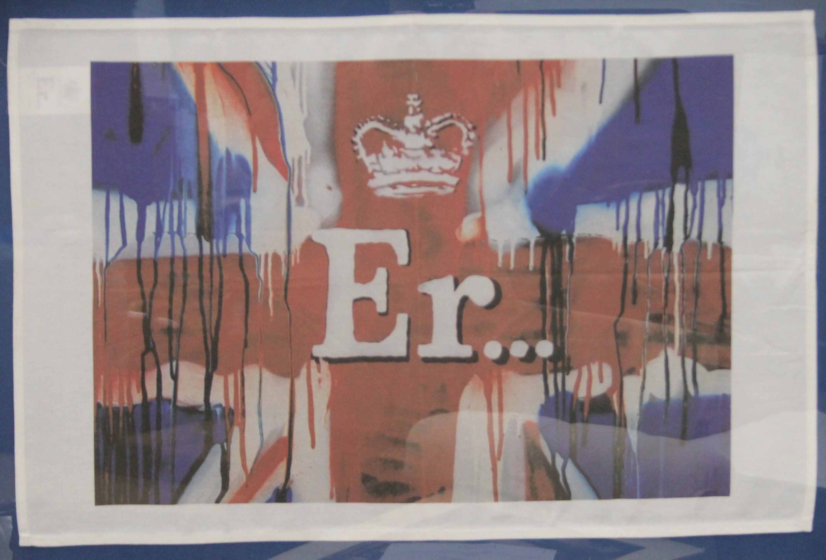 BANKSY (British) (AR), Queens Platinum Jubilee ER (Union Jack) Tea Towel, framed and glazed.