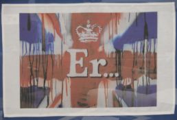 BANKSY (British) (AR), Queens Platinum Jubilee ER (Union Jack) Tea Towel, framed and glazed.