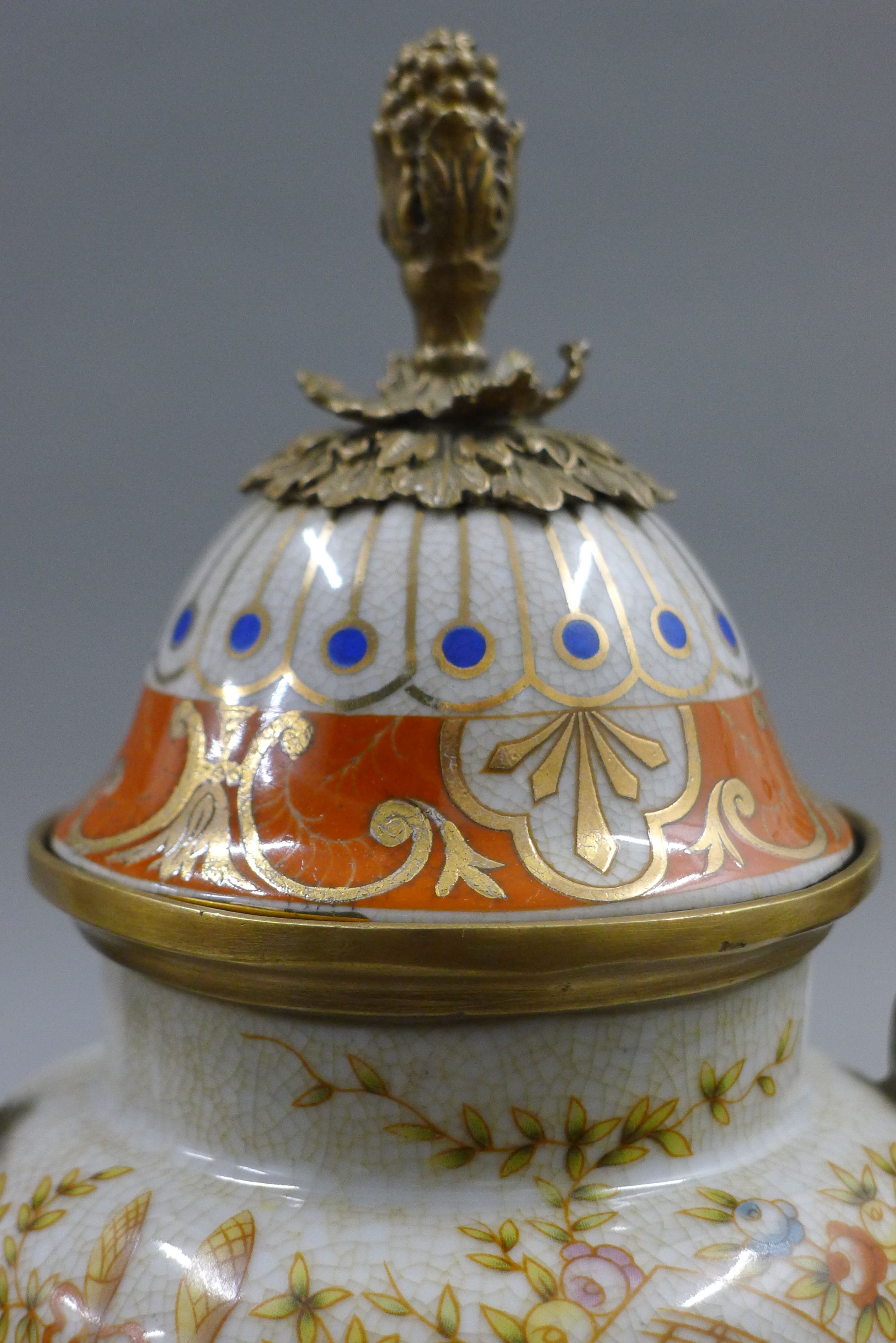 A pair of metal mounted porcelain lidded vases. 37 cm high. - Image 7 of 8