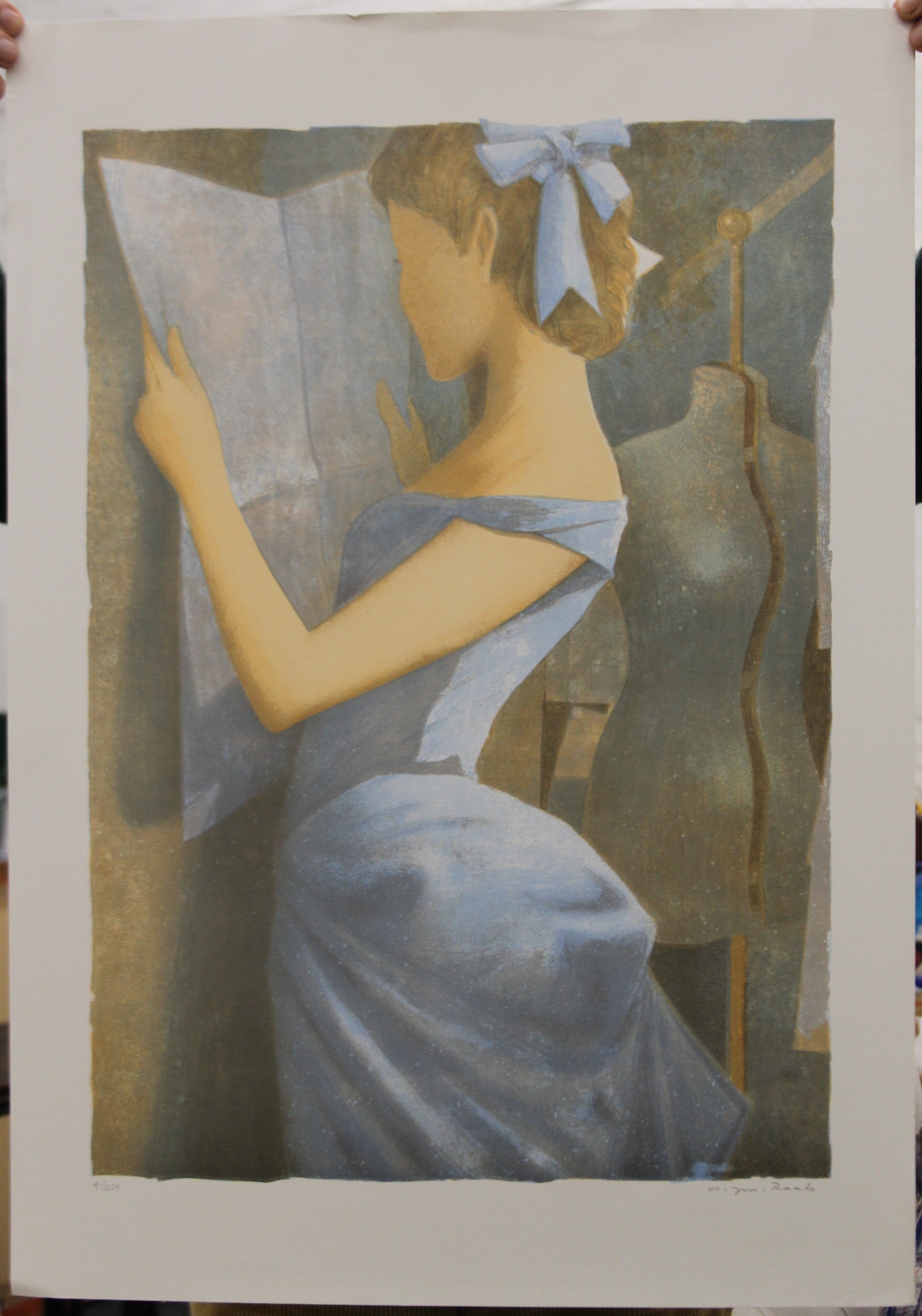 OLIVER RABB (born 1955) French, Standing Female in a Blue Dress Reading, limited edition print, - Image 2 of 3