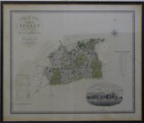 A framed and glazed map of Surrey. 79.5 x 67.5 cm overall.