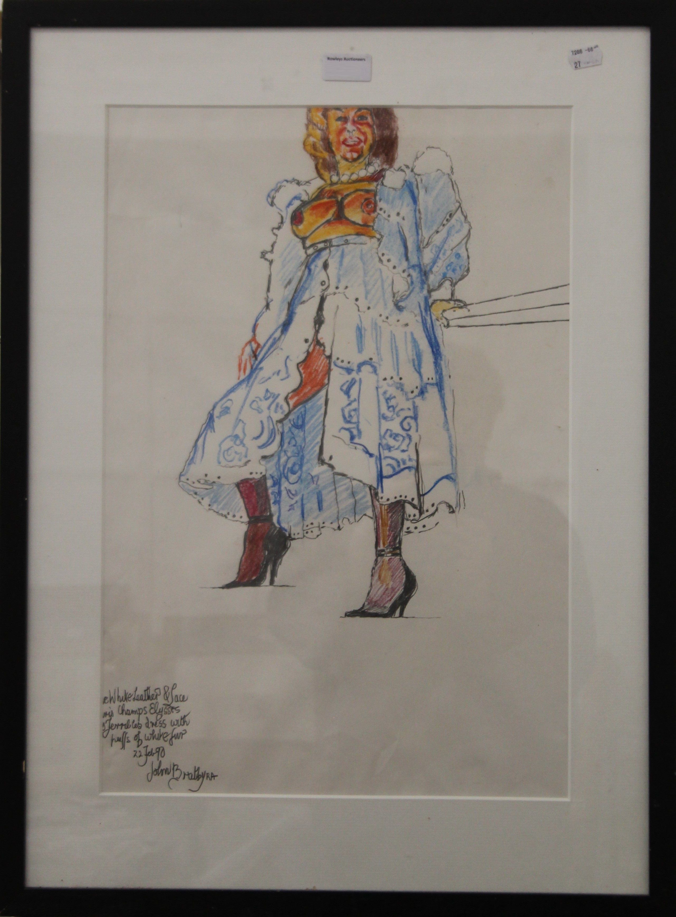 After JOHN BRATBY, full length portrait of a semi-nude female, mixed media, framed and glazed. - Image 2 of 3