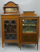 Two Edwardian line inlaid mahogany glazed side cabinets. The largest 138 cm high.