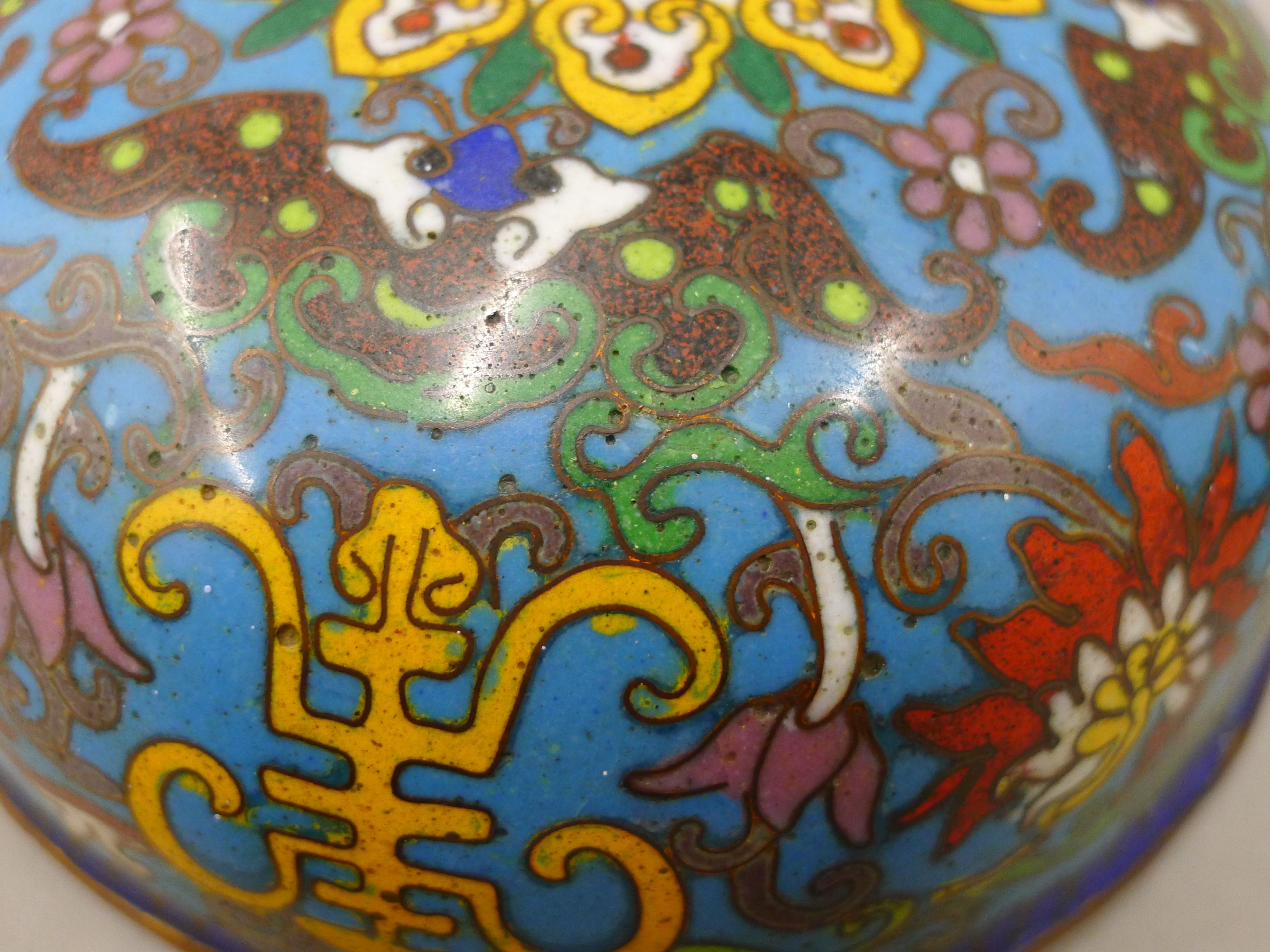 A 19th century Chinese blue ground bun shaped cloisonne box and cover, decorated with symbols, - Image 5 of 6