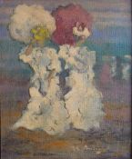 In the Style of MAURICE PRENDERGAST, Ladies with Parasols, oil on board, framed. 23 x 28.5 cm.
