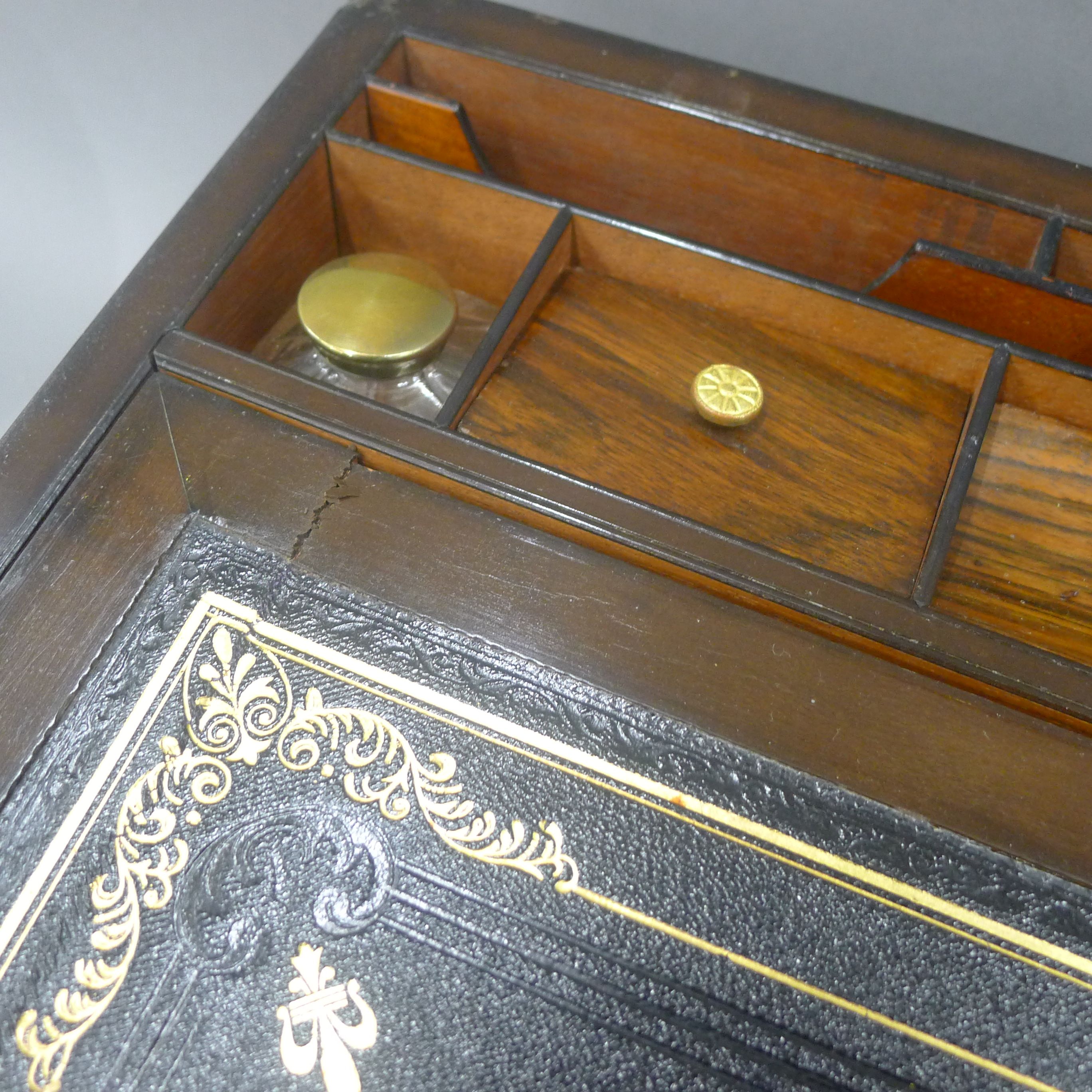 A Victorian brass inlaid walnut writing slope. 50.5 cm wide. - Image 9 of 11