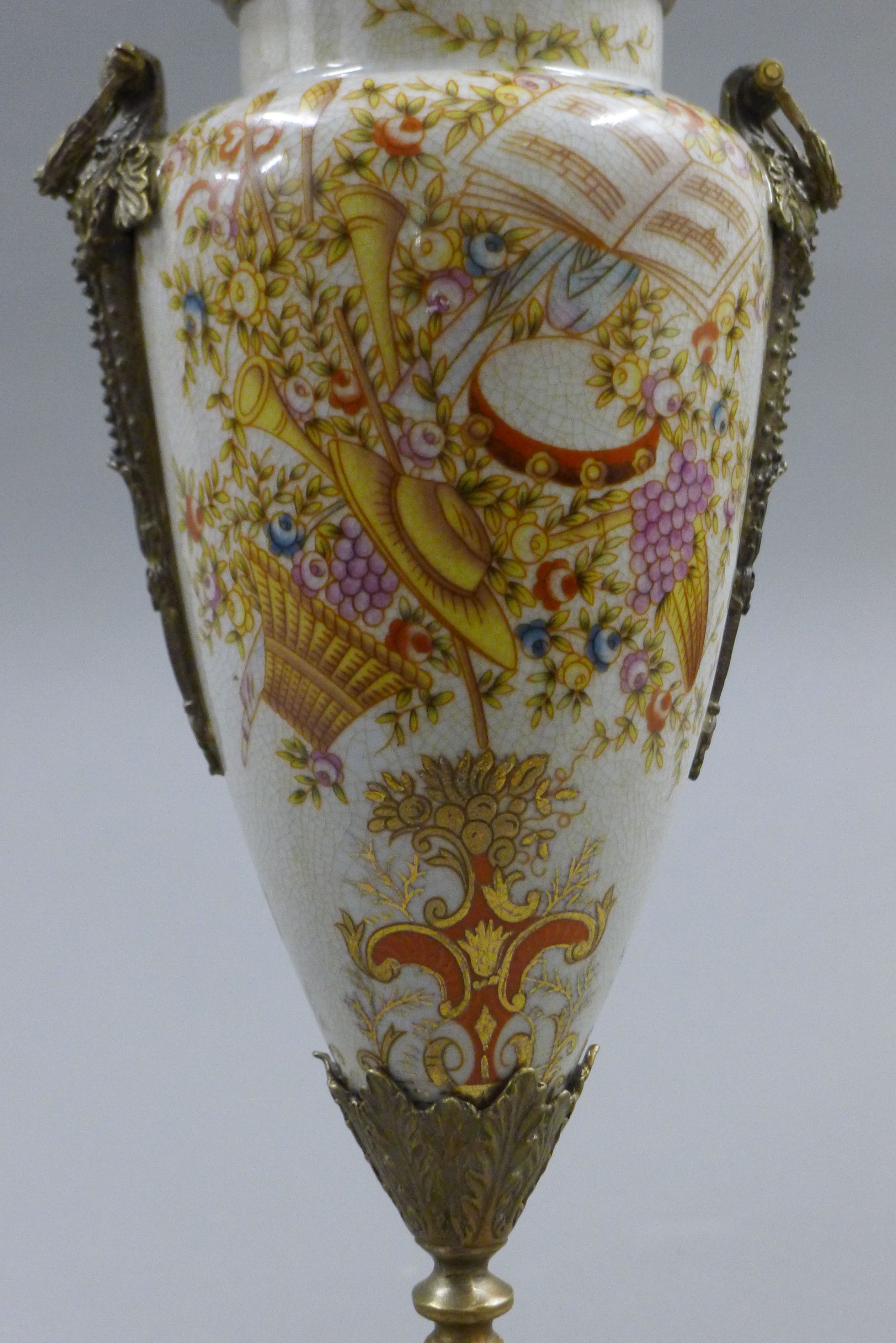 A pair of metal mounted porcelain lidded vases. 37 cm high. - Image 6 of 8