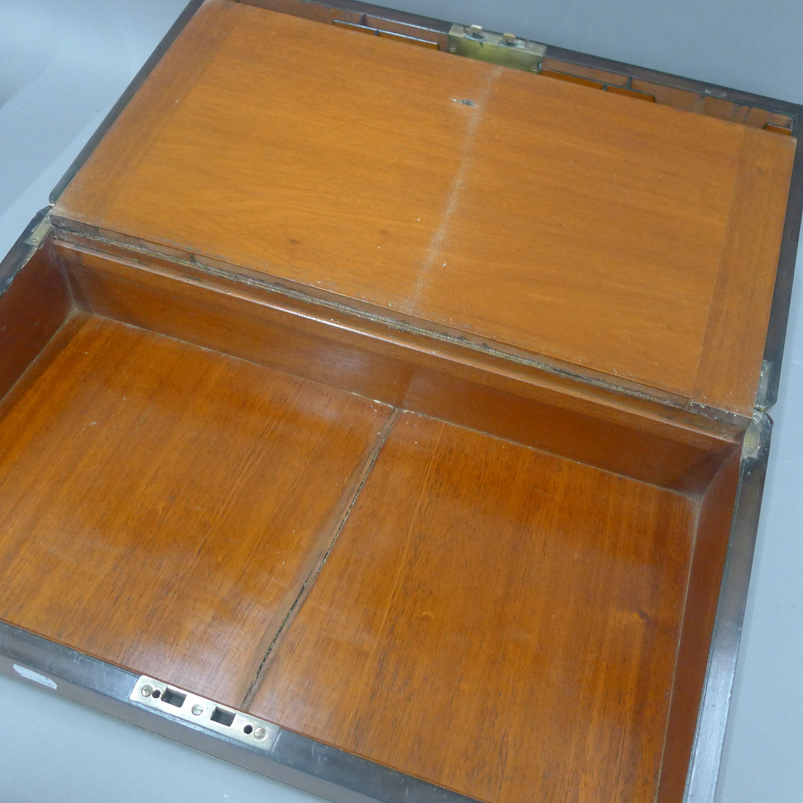 A Victorian brass inlaid walnut writing slope. 50.5 cm wide. - Image 10 of 11