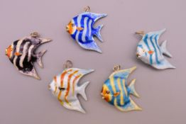 Five silver enamel fish pendants. Approximately 2.5 cm high.