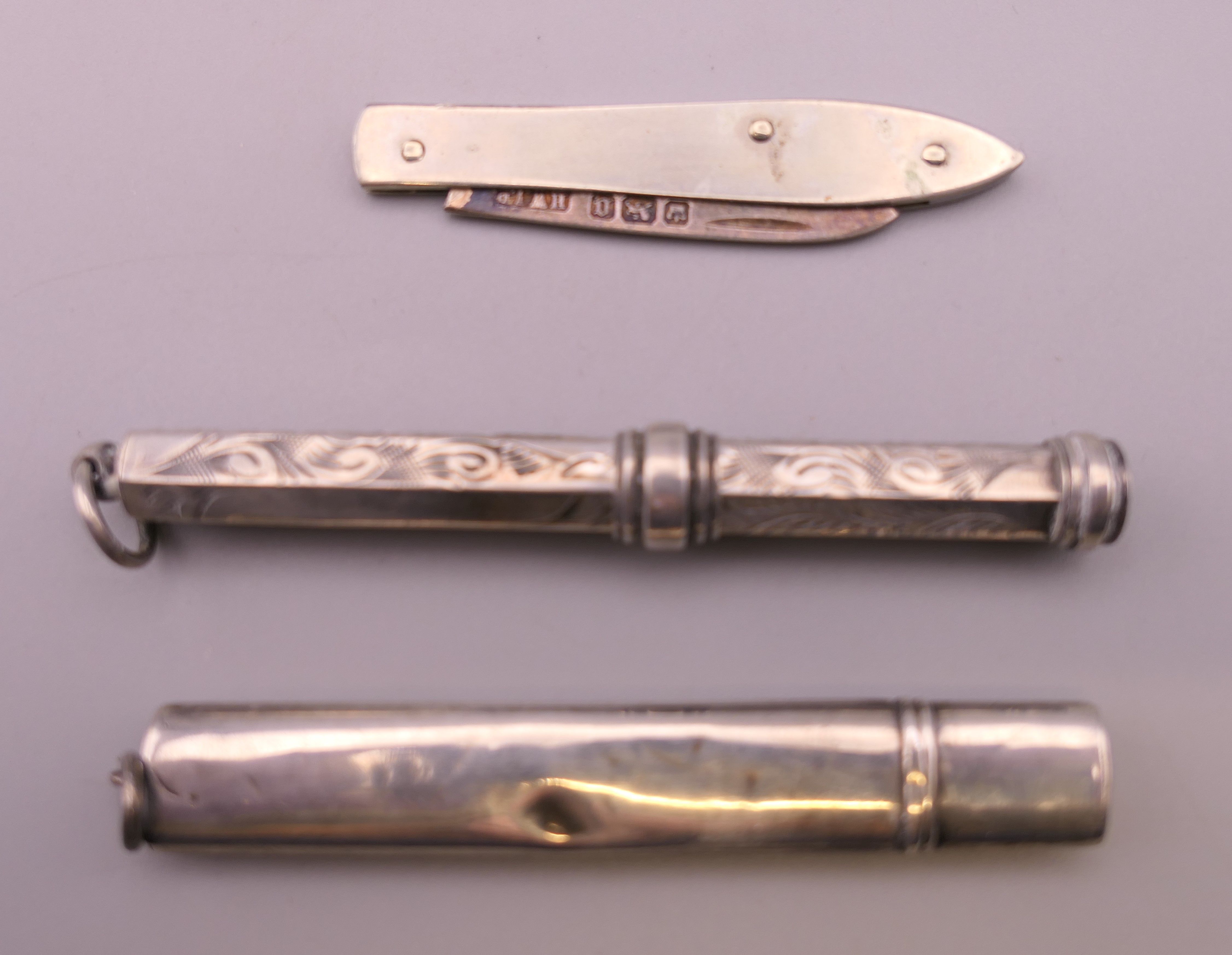 Two vestas, silver penknife, pendants etc. Silver vesta 4 cm high. - Image 10 of 14