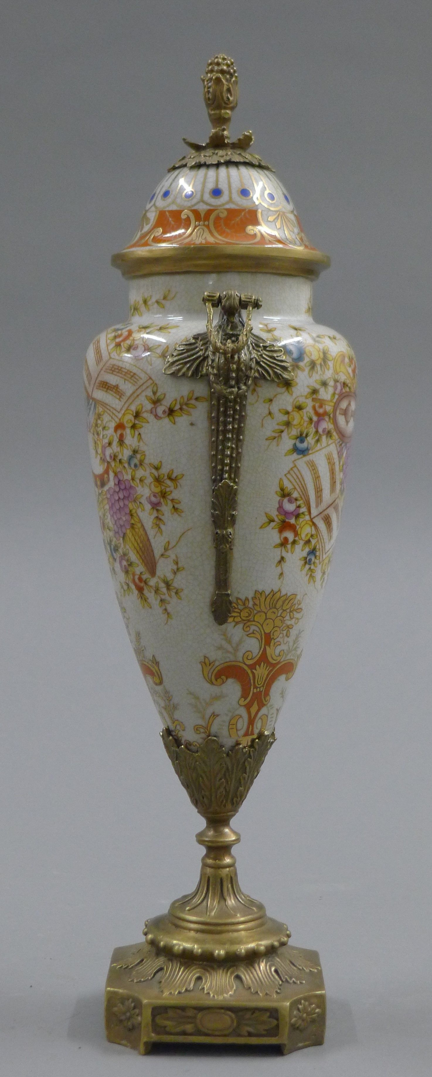 A pair of metal mounted porcelain lidded vases. 37 cm high. - Image 4 of 8