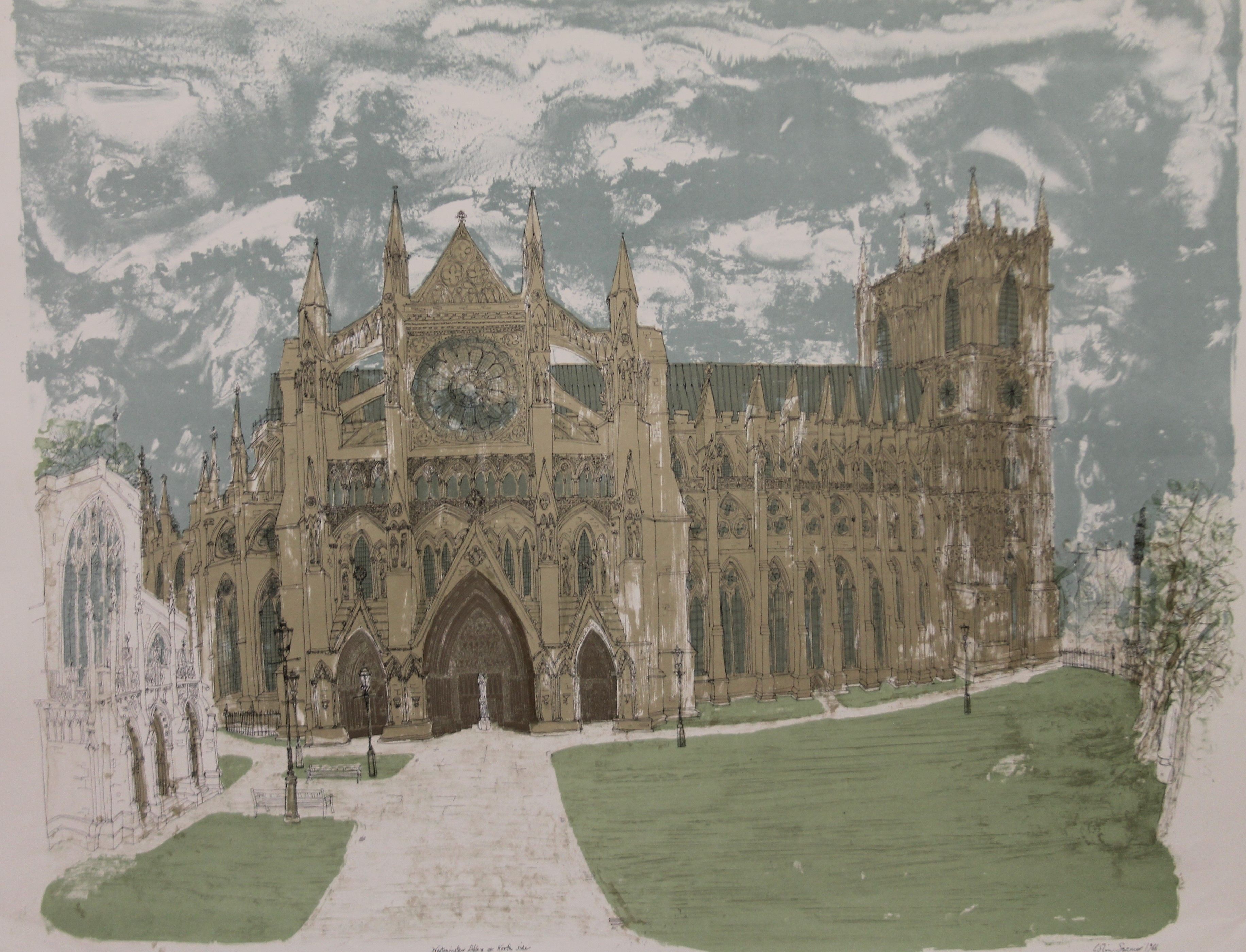 COLIN SPENCER (born 1933) British, Westminster Abbey North Side, print, unframed. 78 x 62.