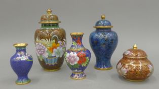 Five cloisonne vases. The largest 20 cm high.