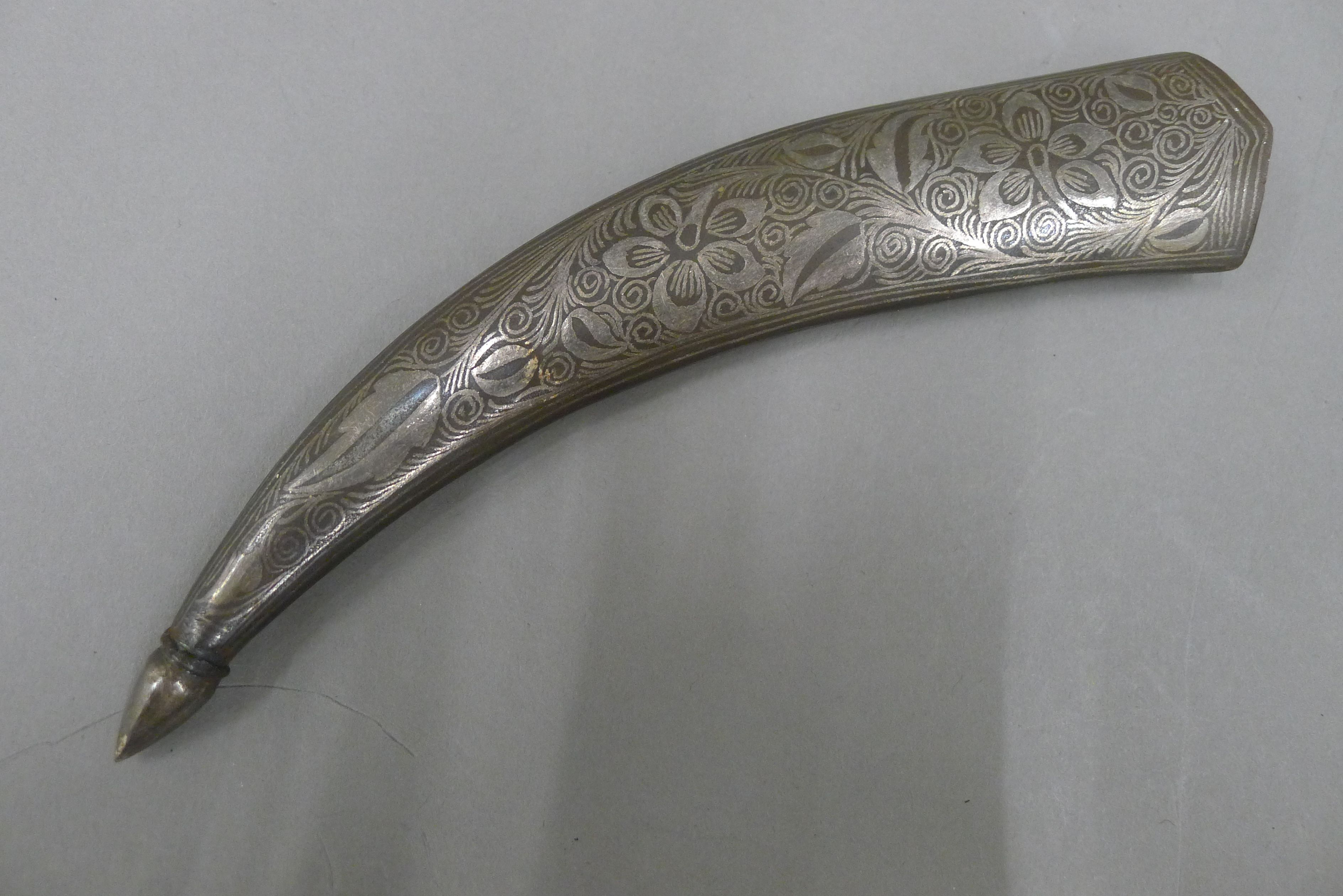 A 19th century Persian knife, the steel scabbard and grip inlaid with silver, - Image 6 of 6