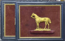 A pair of gilt bronze horse plaques, framed. 58.5 x 48.5 cm.