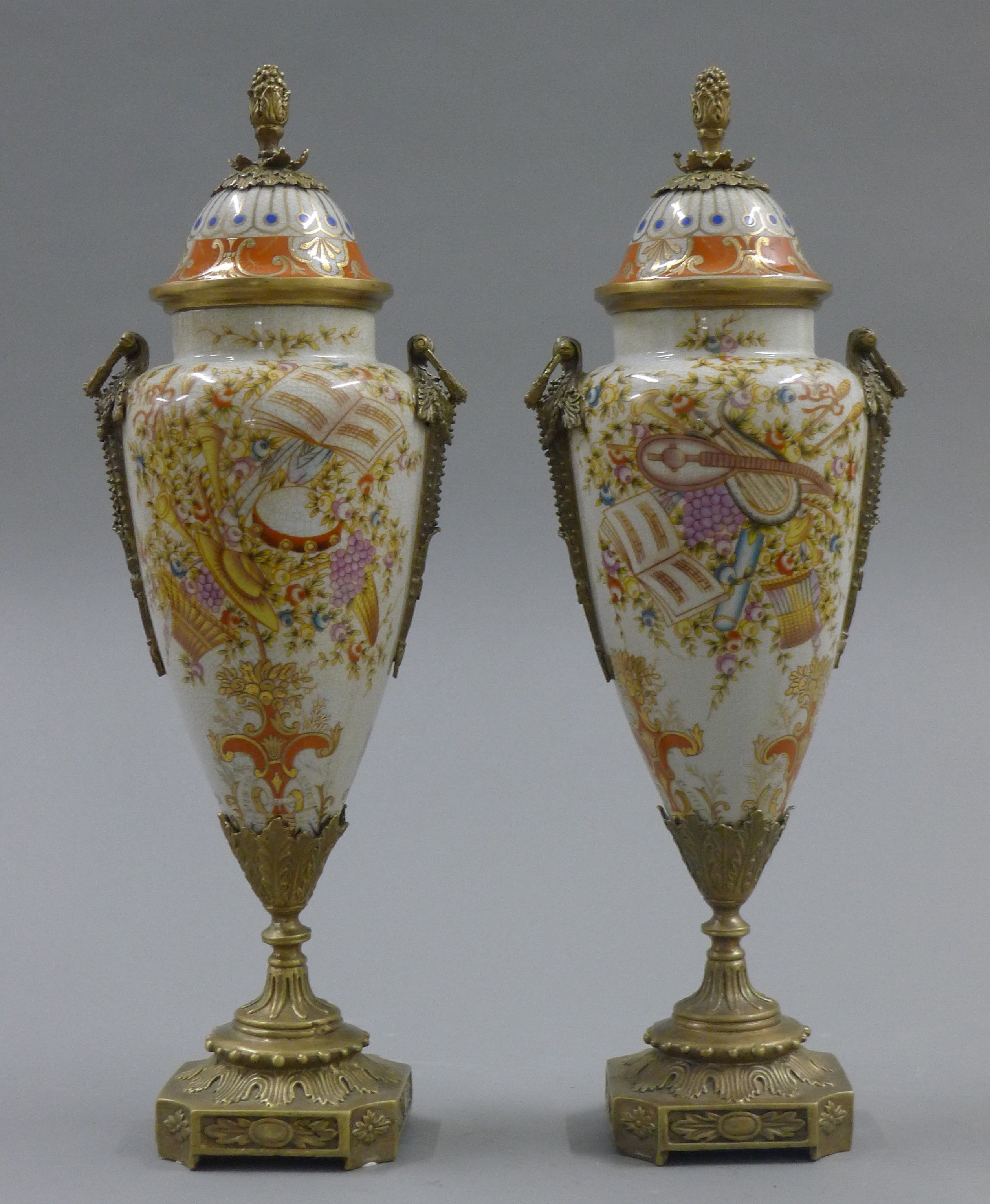 A pair of metal mounted porcelain lidded vases. 37 cm high. - Image 2 of 8