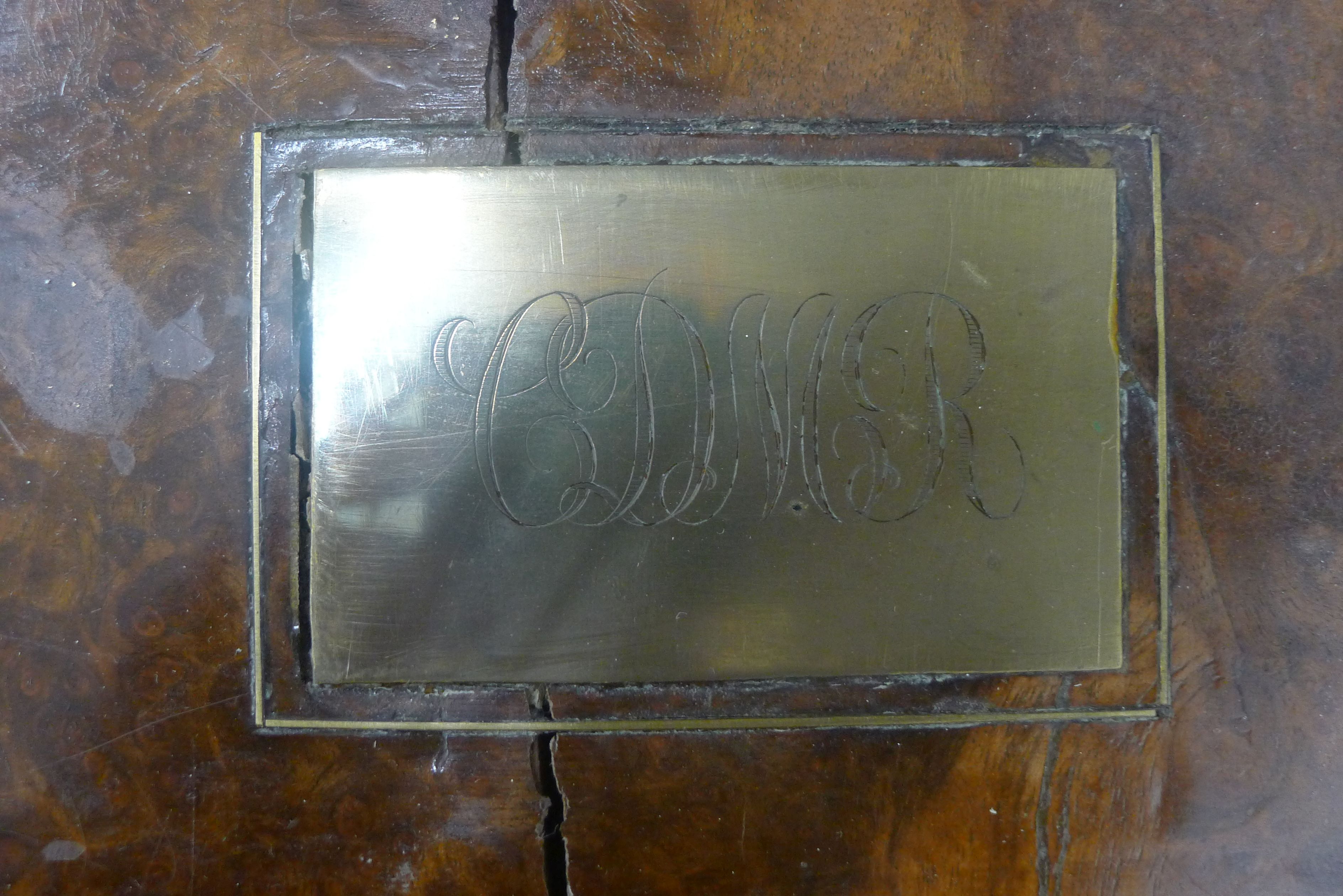 A Victorian brass inlaid walnut writing slope. 50.5 cm wide. - Image 4 of 11