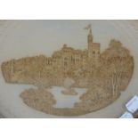 A Victorian cork picture, depicting a castle, oval framed. 31.5 cm wide overall.