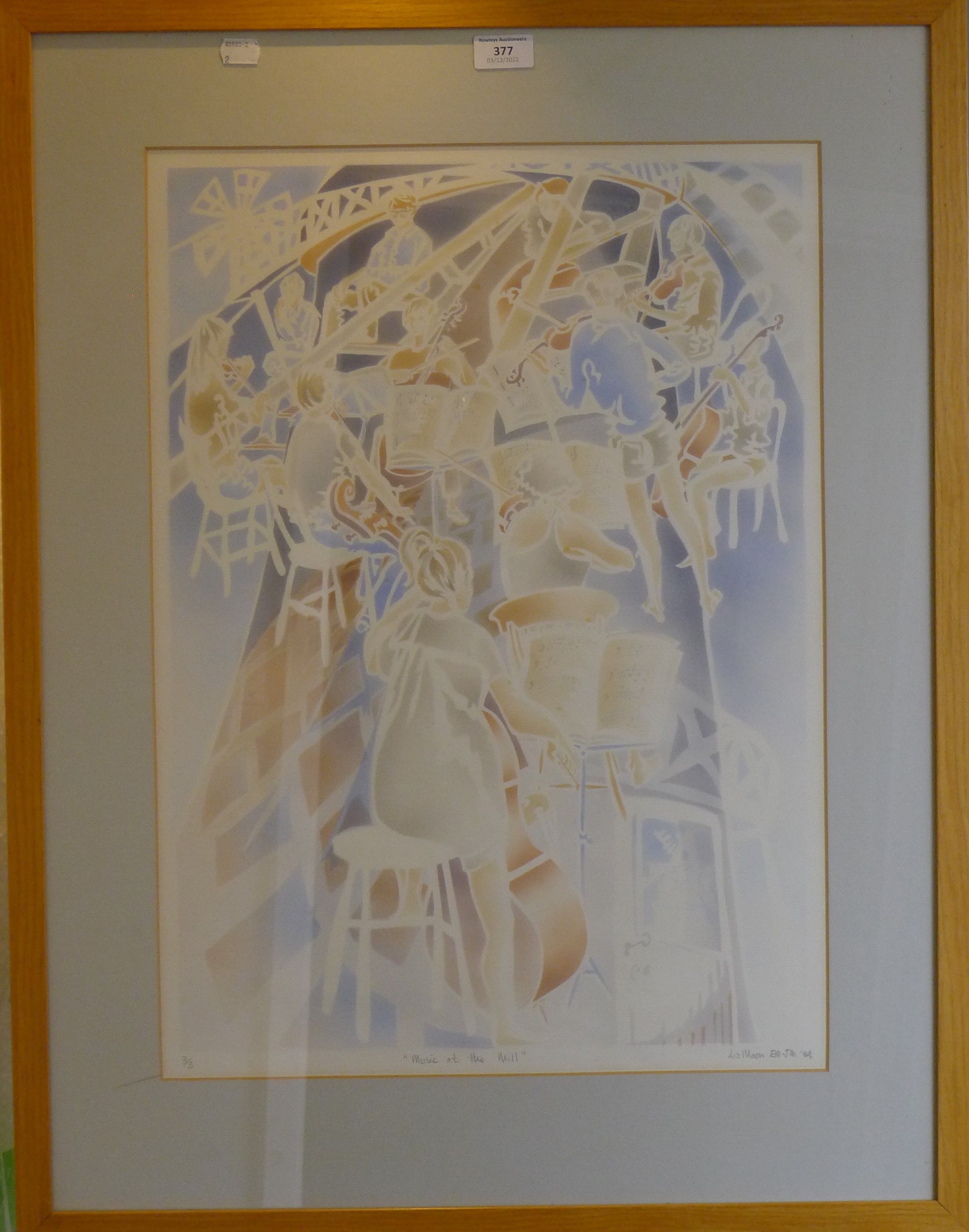 LIZ MOON, Music at the Mill, limited edition airbrush and stencil, signed in pencil to the margin, - Image 2 of 3