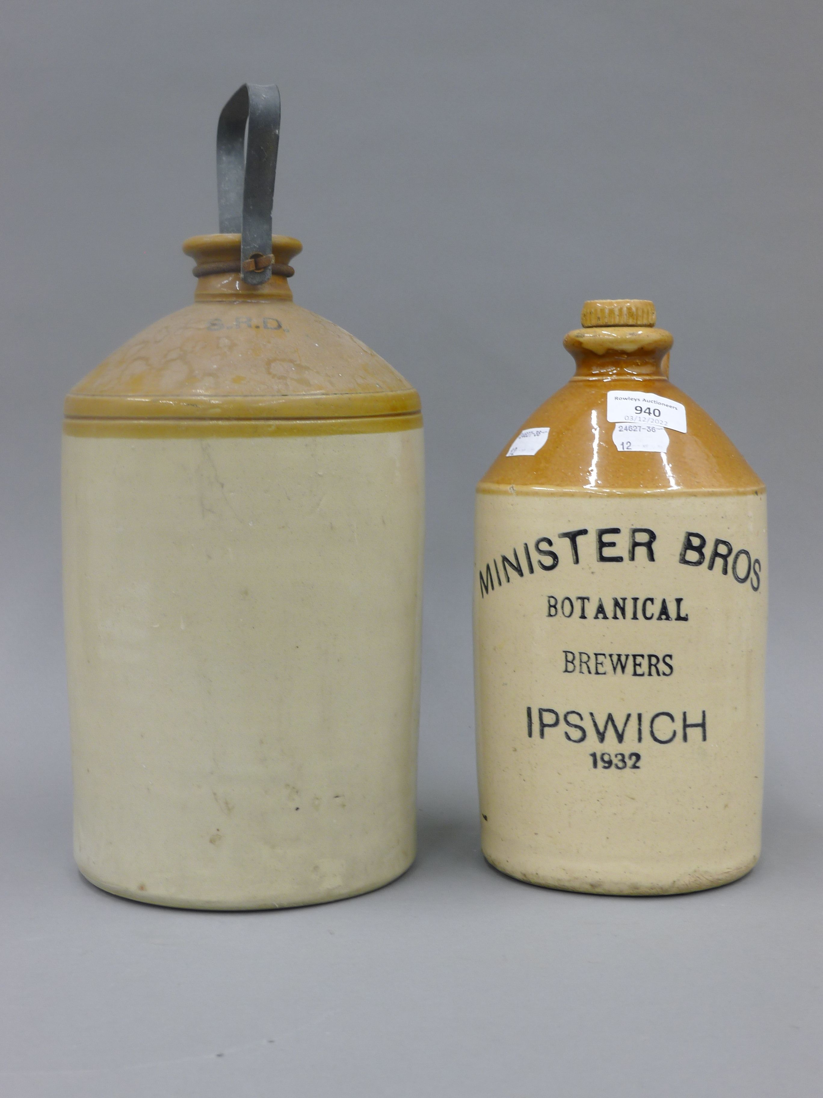 Two stoneware vessels, one for Minister Bros Ipswich. 27 cm high. - Image 2 of 6