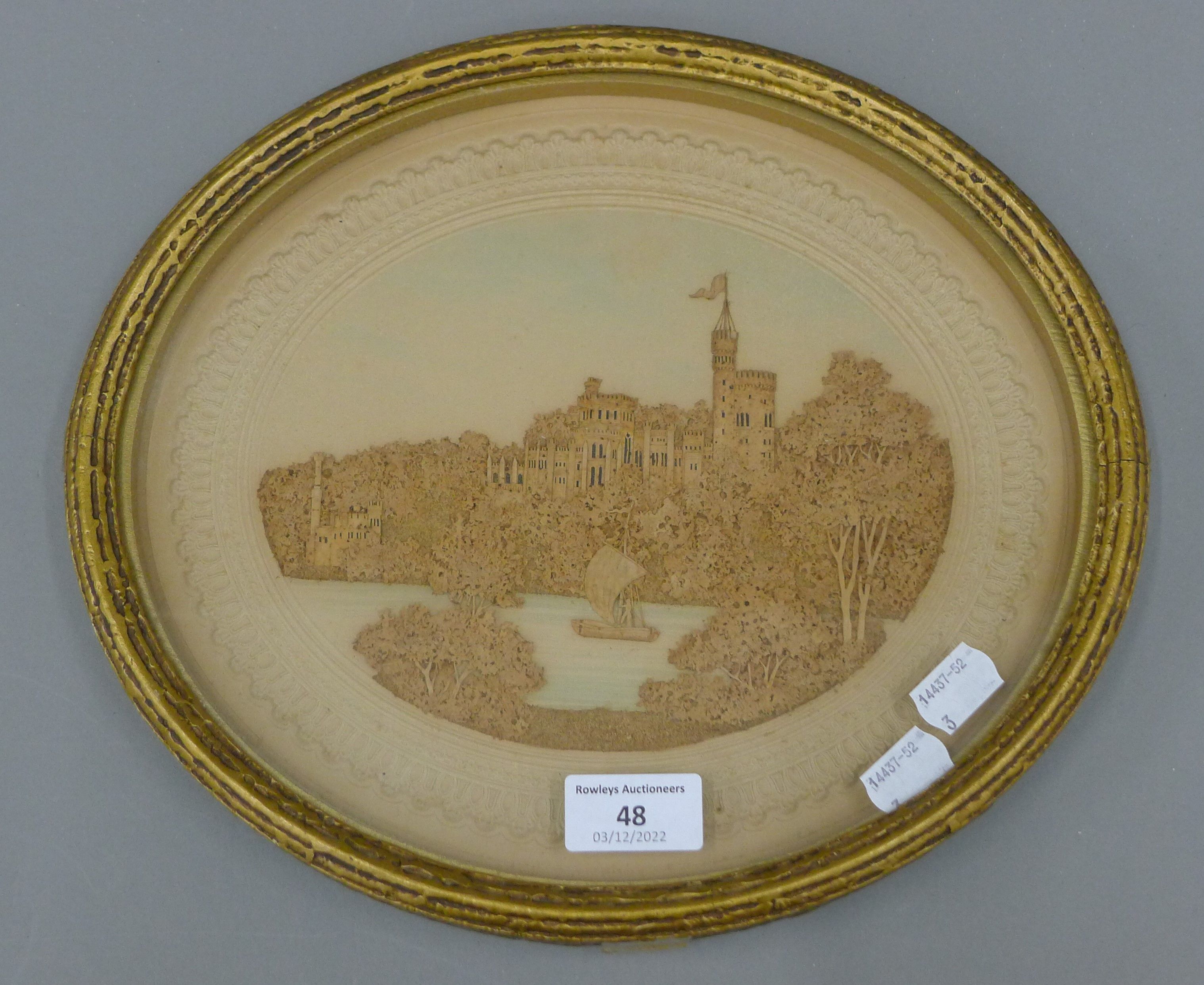 A Victorian cork picture, depicting a castle, oval framed. 31.5 cm wide overall. - Image 2 of 2