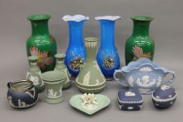 A box of decorative ceramics and glass, including Wedgwood.