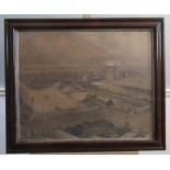 Keith Sivyer (British C20th) Football match in extensive industrial landscape, pencil and