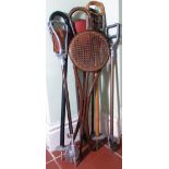 Vintage bamboo and rattan folding shooting stick, a bentwood shooting stick with rattan seat, two