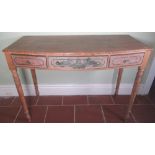 C19th pitch and waxed pine bow front side table, the three frieze drawer drawers painted with