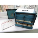 C20th Mah-Jong set in blue five drawer slide front case with brass carry handle and instructions