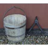 Vintage coopered oak well bucket with metal bands and handle, H65cm, and a cast iron hook on V