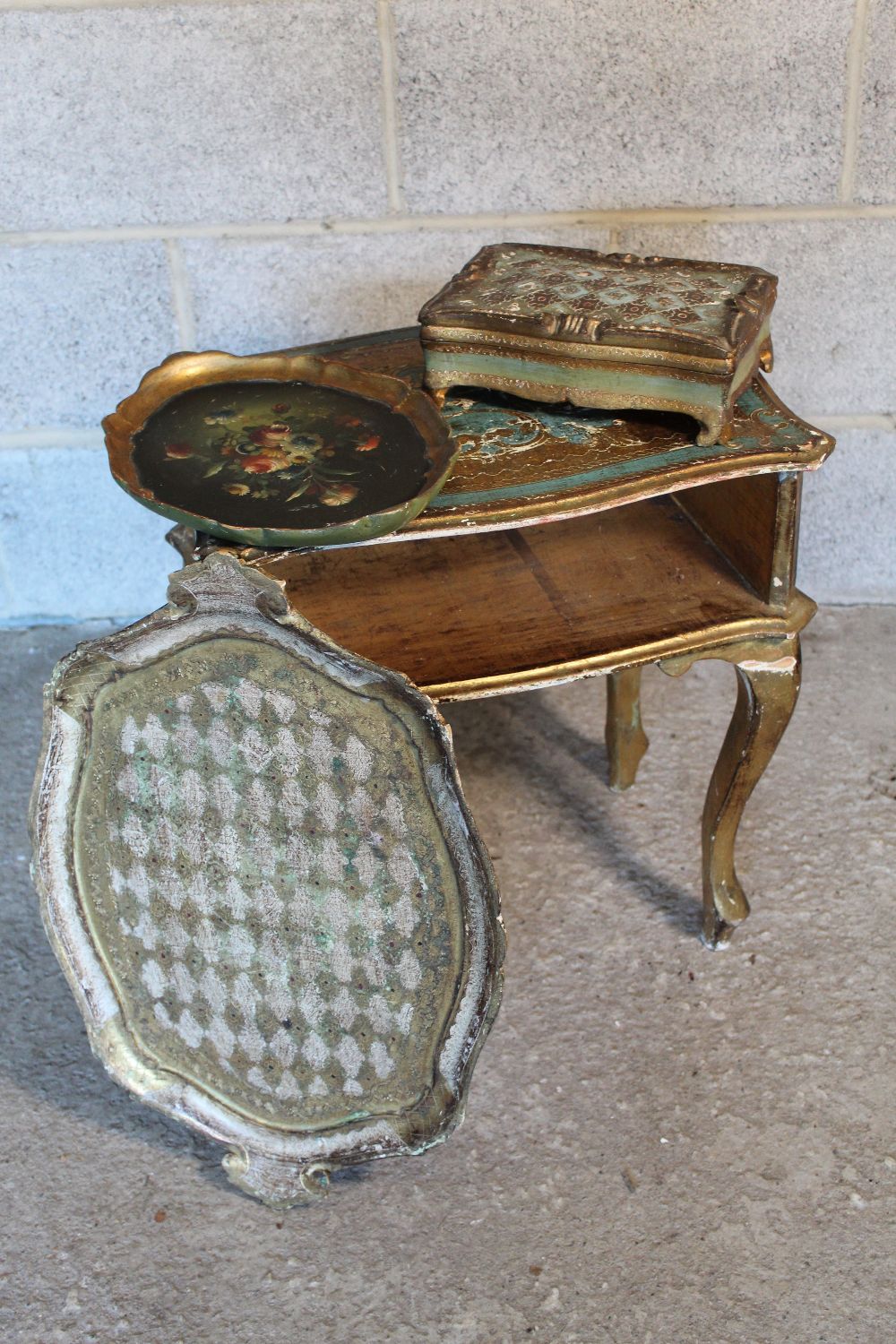 French Rococo revival painted and gilt bedside cabinet, a similar tray, another tray painted with