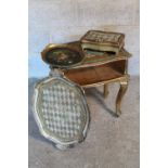 French Rococo revival painted and gilt bedside cabinet, a similar tray, another tray painted with