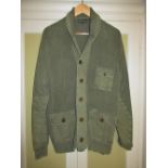 Orvis Gents khaki green cotton cardigan with three patch pockets, and suede elbow patches, size L