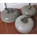 Three polished Scottish granite curling stones, chromed handles with wooden grips, D36cm (3)