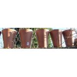 Set of five Yorkshire terracotta flower pots, circular tapering bodies stamped, D33cm H40cm (5)