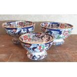 Three Victorian Amherst Ironstone Japan pattern pedestal bowls decorated in typical palette with