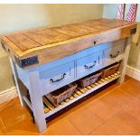 Large Butchers block, rectangular top with metal banded corners and three drawers, openwork base